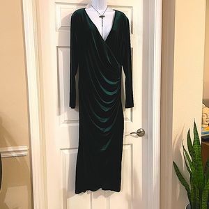 Emerald Green Women's Velvet Long Sleeve Wrap V Neck Cocktail Maxi Dress X-L